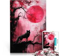Rompecabezas de 1000 Piezas para Adultos Lobo bajo la Luna roja Entrena tu Cerebro y Tus Manos con póster a Juego y Hoja de Trivia 75x50cm
