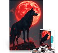 Rompecabezas de 1000 Piezas para Adultos Lobo Negro bajo la Luna de Sangre Difícil Difícil Juguetes de decoración del hogar 52x38cm
