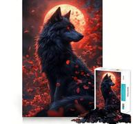 Rompecabezas de 1000 piezas para adultos Lobo negro bajo la luna de sangre,piezas de corte limpio,actividad cerebral inteligente,diversión para momentos de calma,regalo artístico de cumpleaños 50x75cm