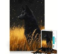 Rompecabezas de 1000 Piezas para Adultos Lobo Negro en Campo Dorado,Piezas de Corte Limpio,Actividad Cerebral Inteligente,diversión para Momentos de Calma,Regalo artístico de cumpleaños 38x26cm