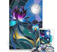 Rompecabezas de 1000 Piezas para Adultos Loto y orquídea de vitral a la luz de la Luna Juego Imposible interacción Entre Padres e Hijos Ideal para cumpleaños y Navidad 38x26cm