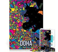 Rompecabezas de 1000 Piezas para Adultos Mapa de la Ciudad de Doha,Qatar,Estilo Pop Art,Arte de Corte Fino,Juego para desarrollar la Capacidad de razonamiento,Juego para Momentos de Tranquilidad