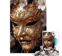 Rompecabezas de 1000 Piezas para Adultos Máscara Dorada ornamentada con Flores Blancas Un Reto para completar Decoración Juegos Divertidos Apto para Mayores de 14 años (38x52cm)