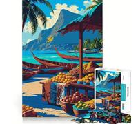 Rompecabezas de 1000 Piezas para Adultos Mercado Tropical en la Playa con Barcos Piezas de Corte Limpio Juego de Habilidad Mental Momento de relajación Diversión Escena navideña Arte (38x52cm)