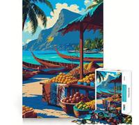 Rompecabezas de 1000 Piezas para Adultos Mercado Tropical en la Playa con Barcos Piezas de Corte Limpio Juego de Habilidad Mental Momento de relajación Diversión Escena navideña Arte (38x26cm)