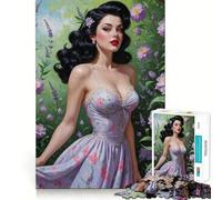 Rompecabezas de 1000 Piezas para Adultos,Modelo Pin-up Morena con Flores moradas,Ajuste, Juguete para desarrollar la Capacidad cognitiva,Ideal para Relajarse y como Regalo Festivo (38x26cm)