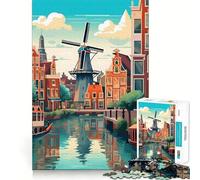 Rompecabezas de 1000 Piezas para Adultos Molino de Viento de Ámsterdam,Viaje,Corte Premium,Juego,Mente Inteligente,Actividad,Paz,diversión,cumpleaños,Arte,Juego (38x26cm)