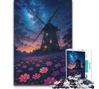 Rompecabezas de 1000 Piezas para Adultos, Molino de Viento y Flores bajo un Cielo Estrellado, Juguete antiestrés para niños de 14 años o más, 50x75cm