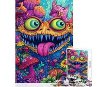 Rompecabezas de 1000 Piezas para Adultos Monstruo psicodélico en un jardín de Hongos Juego Familiar Un desafío difícil Juguetes antiestrés con póster y Hoja de Preguntas a Juego (50x75cm)