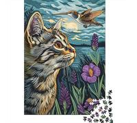 Rompecabezas De 1000 Piezas para Adultos Nature's Harmony Cat, Hummingbird, Flowers Rompecabezas para Adolescentes Juego De Ingenio Desafío Difícil Juego Desafiante Regalos 52x38cm/1000pcs