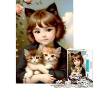 Rompecabezas de 1000 Piezas para Adultos Niña Vintage con Gatitos Juego Familiar Educativo Juguete desafiante Excelentes Regalos y Juguetes para aliviar el estrés (tamaño 38x52cm)