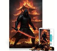 Rompecabezas de 1000 Piezas para Adultos Ninja ardiente con Espadas Rojas,Piezas de Corte Limpio,Juego de Habilidad Mental,Momento de relajación,Divertido,Escena navideña,Arte (38x26cm)