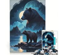 Rompecabezas de 1000 Piezas para Adultos: Oso Junto al Lago bajo la luz de la Luna, Juego de ingenio, ensamblaje de Patrones, para Fortalecer el Amor en Pareja 38x26cm