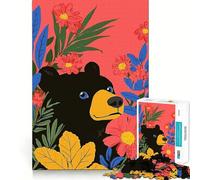 Rompecabezas de 1000 Piezas para Adultos Oso Negro Entre Flores,Bordes Lisos,Juguete de construcción,Juego Relajante,Escena navideña (38x52cm)
