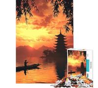 Rompecabezas de 1000 Piezas para Adultos Pagoda al Atardecer y Pescador Rompecabezas de 1000 Piezas antiestrés Regalo de cumpleaños Juego desafiante Regalos (50x75cm)