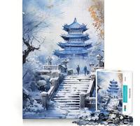 Rompecabezas de 1000 Piezas para Adultos Pagoda Azul en Invierno Decoración Elegante y Funcional Juego Divertido y Estimulante Juego de la Paz Actividad de cumpleaños 38x26cm