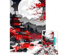 Rompecabezas de 1000 Piezas para Adultos Pagoda Japonesa con Luna y Flores de Cerezo Juguete Educativo Ideal para Toda la Familia Decoración Perfecta Regalo de cumpleaños (tamaño 38x26cm)