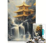Rompecabezas de 1000 Piezas para Adultos Paisaje del Templo Dorado con Cascada, Juego Educativo, Mejora la Memoria, cumpleaños y Navidad 38x26cm