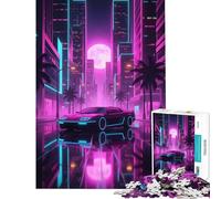 Rompecabezas de 1000 Piezas para Adultos Paisaje Urbano neón con Reflejo de Coche Juego práctico y Educativo Regalo de cumpleaños (Tamaño 38x52cm)