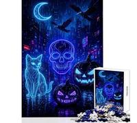 Rompecabezas de 1000 Piezas para Adultos Paisaje Urbano Nocturno de Halloween neón Juegos educativos Mejora la Memoria Juguetes antiestrés Actividades Divertidas en casa (38x52cm)