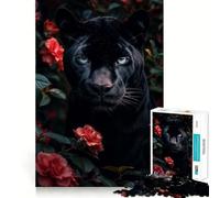Rompecabezas de 1000 Piezas para Adultos Pantera Negra Entre Rosas Decoración de Ajuste, Juego cognitivo Divertido,Juego de la Paz,Actividad de cumpleaños 50x75cm