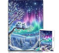 Rompecabezas de 1000 Piezas para Adultos: Pareja de búhos nevados bajo la Aurora Boreal Una Obra de Arte para Regalar en cumpleaños a Mayores de 14 años (tamaño 38x26cm)
