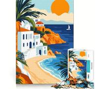 Rompecabezas de 1000 Piezas para Adultos Paseo Tranquilo por la Costa mediterránea,ilustración Minimalista de Viaje,Arte de Corte Fino,Juego para desarrollar la Capacidad de razonamiento,Juego