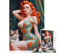 Rompecabezas de 1000 piezas para adultos pelirroja pin-up con retrato de gato juguetes de decoración del hogar gran regalo para juegos juegos de relajación mejora del amor entre parejas tamaño 38x52cm