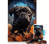 Rompecabezas de 1000 Piezas para Adultos Perro Pug Negro y Flores Juego de articulaciones afiladas,Juguete para Resolver Problemas,diversión Tranquila,decoración navideña 38x52cm