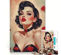 Rompecabezas de 1000 Piezas para Adultos Pin-up Morena,Retrato de Rosas Rojas,Piezas de Corte Limpio,Juego de Habilidad Mental,Momento de Calma,Divertido,Escena navideña,Arte (38x52cm)