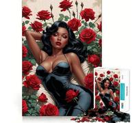 Rompecabezas de 1000 Piezas para Adultos Pin-up Negra con Body Negro Sexy y Rosas Rojas Decoración de Ajuste, Juego cognitivo Divertido,Juego de Paz,Actividad de cumpleaños 38x26cm