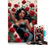 Rompecabezas de 1000 Piezas para Adultos Pin-up Negra con Body Negro Sexy y Rosas Rojas Decoración Elegante y Funcional,Ideal para ejercitar la Mente,Pasar un rato Agradable y Disfrutar de Momentos