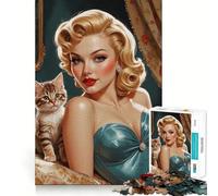 Rompecabezas de 1000 Piezas para Adultos Pin-up Rubia con Gatito Adorable,Arte de Corte Fino,Juego de concentración Mental,Juego para Momentos de Tranquilidad,Actividad de cumpleaños 38x52cm