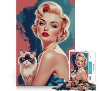 Rompecabezas de 1000 Piezas para Adultos Pin-up Rubia con Retrato de Gato Juego de Ajuste, Juego Mental,Regalo Ideal para Relajarse o divertirse en cumpleaños 38x52cm