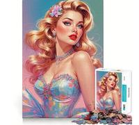 Rompecabezas de 1000 Piezas para Adultos Pin-up Rubia con Vestido Floral Juego de Bordes, Juego de ingenio,Juego de Ocio,Arte de Escena navideña 38x52cm