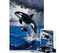 Rompecabezas de 1000 Piezas para Adultos Pintura de orcas Saltando del océano Juguete Que desafía la Mente Diversión Garantizada Corte (38x52cm)