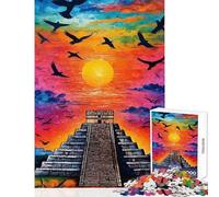 Rompecabezas de 1000 Piezas para Adultos pirámide de Chichén Itzá Atardecer Juguetes antiestrés Regalo de cumpleaños para Juego Educativo con póster a Juego y Hoja de Trivia tamaño 38x52cm