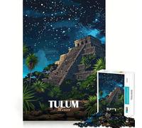 Rompecabezas de 1000 Piezas para Adultos Pirámide del Cielo Nocturno de Tulum, México Piezas de Corte Limpio Juego de Habilidad Mental Momento de relajación Diversión Escena navideña Arte (38x52cm)