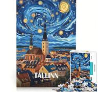 Rompecabezas de 1000 Piezas para Adultos Póster artístico del Paisaje Urbano de Tallin Estonia Juguete antiestrés Decoración Incluye póster y Hoja de Preguntas a Juego 38x52cm