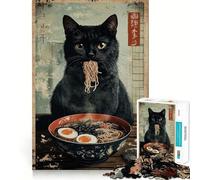 Rompecabezas de 1000 Piezas para Adultos Póster de Gato Negro con Ramen,Piezas de Corte Limpio,Actividad Cerebral Inteligente,diversión para Momentos tranquilos,Regalo artístico de cumpleaños 50x75cm