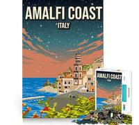 Rompecabezas de 1000 Piezas para Adultos Póster de la Costa Amalfitana,Italia,de Noche Corte Premium Juego Inteligente Actividad para la Mente Paz Diversión Cumpleaños Arte Juego (38x26cm)