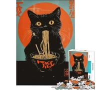 Rompecabezas de 1000 Piezas para Adultos Póster de un Gato Negro Comiendo Ramen Juguete Educativo e Intelectual para Toda la Familia Excelentes Regalos y Juguetes (tamaño 38x26cm)
