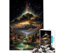 Rompecabezas de 1000 Piezas para Adultos Pueblo fantástico con Rayos de luz Celestial Rompecabezas para Adultos Juegos relajantes decoración interacción Entre Padres e Hijos (38x52cm)
