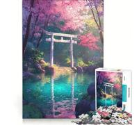 Rompecabezas de 1000 Piezas para Adultos: Puerta Torii de cerezos en Flor y Estanque, Juguete Educativo, interacción Entre Padres e Hijos, Toda la Familia 38x26cm