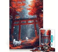Rompecabezas de 1000 Piezas para Adultos Puerta Torii de otoño con Lobos Blancos,Juego de Bordes limpios,diversión cognitiva,Juego Lento,diversión Festiva,Regalo de Ocio (38x26cm)
