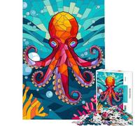 Rompecabezas de 1000 Piezas para Adultos Pulpo Radiante de vidriera en el Profundo mar Azul Rompecabezas antiestrés (tamaño 50x75cm)