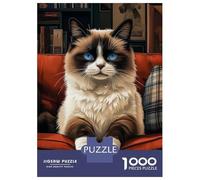 Rompecabezas De 1000 Piezas para Adultos Ragdoll Cat on Red Couch Rompecabezas para Adultos: Análisis Práctico del Juego Y Lógica, Toda La Familia 52x38cm/1000pcs