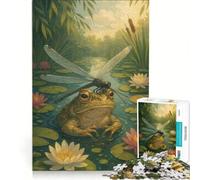 Rompecabezas de 1000 Piezas para Adultos Rana y libélula en un Estanque de nenúfares Juegos Familiares Corte de precisión Colección de Artistas Bellas Artes 38x26cm