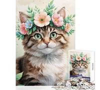 Rompecabezas de 1000 piezas para adultos regalo bonito gato con corona de flores acuarela juguete para decoración de pared gran regalo juegos educativos interesante reducción del estrés tamaño 38x52cm