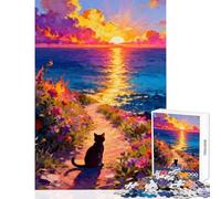 Rompecabezas de 1000 Piezas para Adultos Regalo de Gato Mirando la Puesta de Sol Junto al mar Juguete Educativo Obra de Arte Regalo para Juego Educativo desafiante para completar tamaño 38x26cm